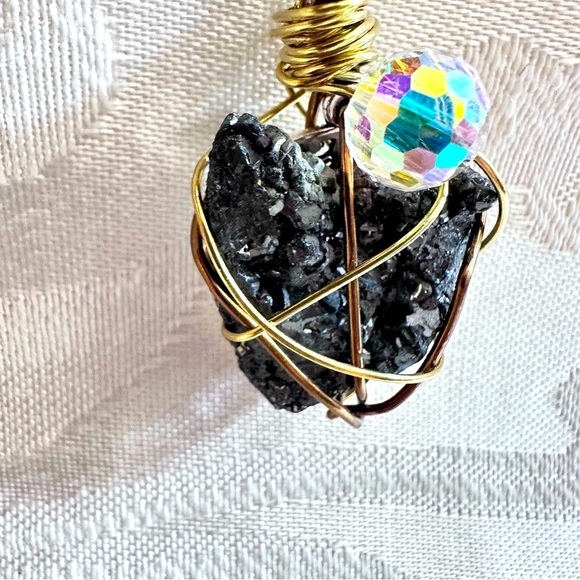 Handmade Jewelry - Collage Handmade Fools Gold Pendant Wire Wrapped Black Stone Necklace 4360 P